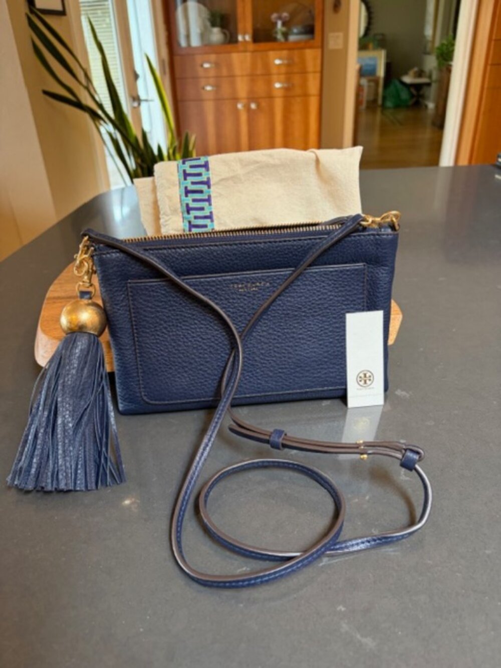 TORY BURCH Leather Tassel Cross-Body Tory Navy